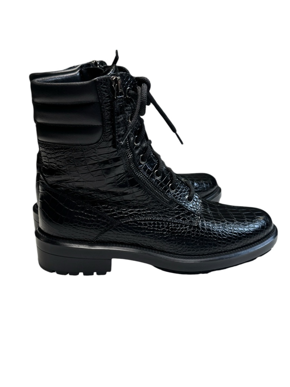 Aquatalia Black Croc Embossed Leather Combat Lace-Up Zip Ankle Boot US Women's 9 - Picture 3 of 12
